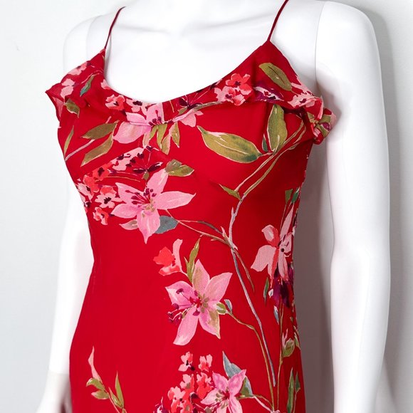 Vintage Mannequins U.S.A. Silk Floral Print Ruffle Cottagecore Mini Dress Red - Picture 6 of 15